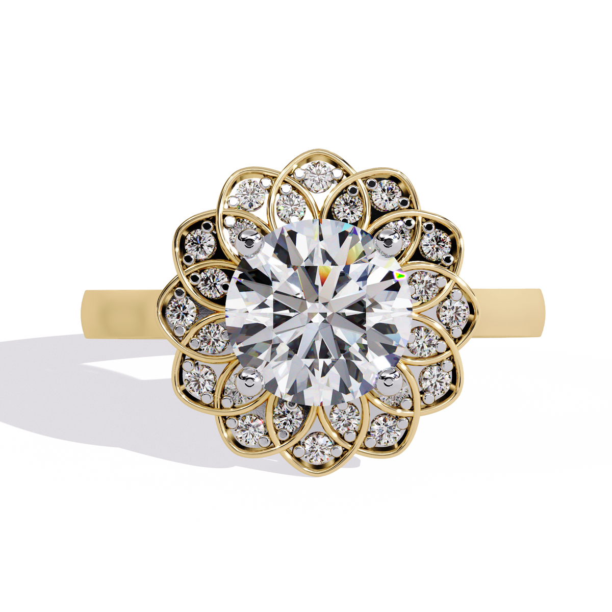 Yellow Gold Round Diamond Petal Halo Flower Cluster Ring
