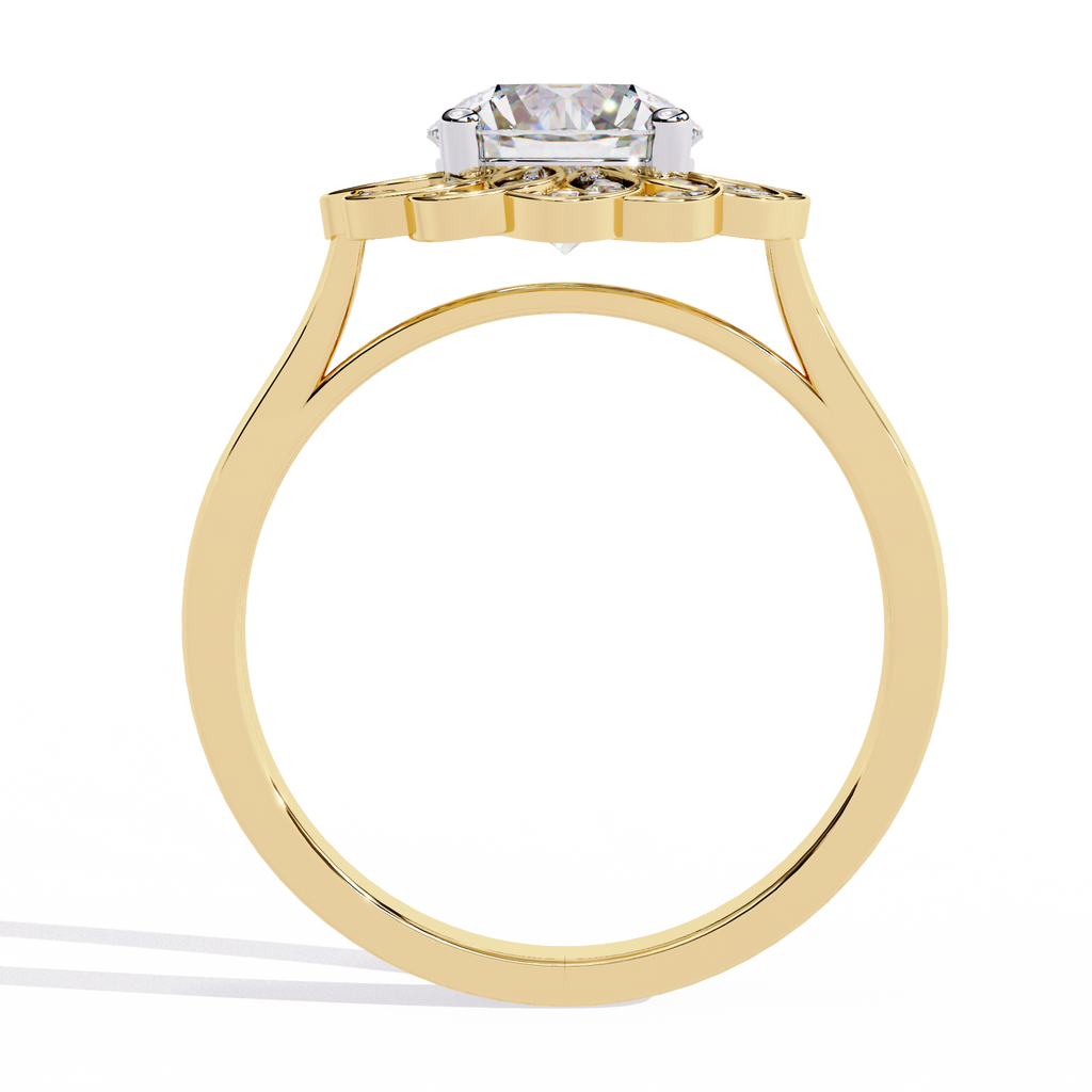 Yellow Gold Round Diamond Petal Halo Flower Cluster Ring