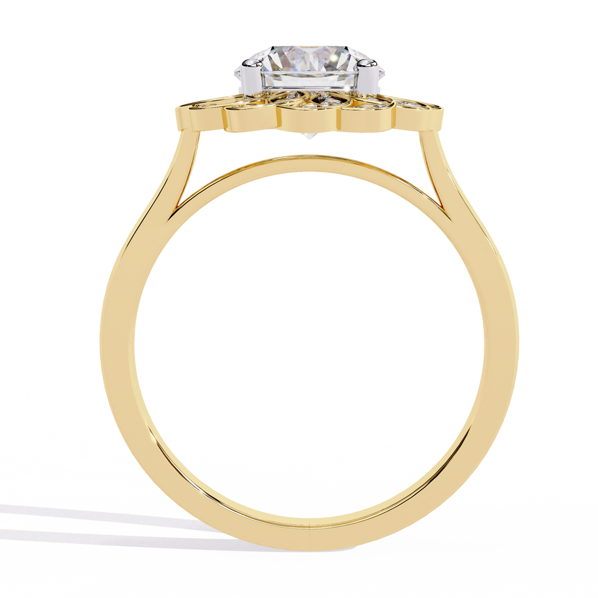 Yellow Gold Round Diamond Petal Halo Flower Cluster Ring