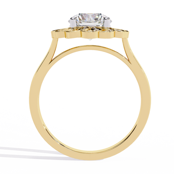 Yellow Gold Round Diamond Petal Halo Flower Cluster Ring