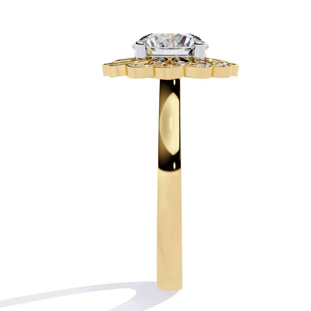 Yellow Gold Round Diamond Petal Halo Flower Cluster Ring