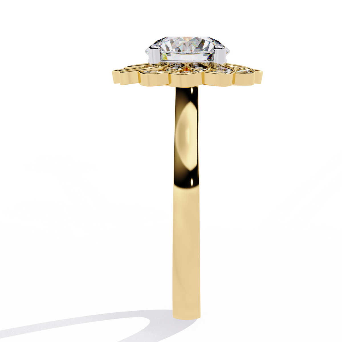 Yellow Gold Round Diamond Petal Halo Flower Cluster Ring