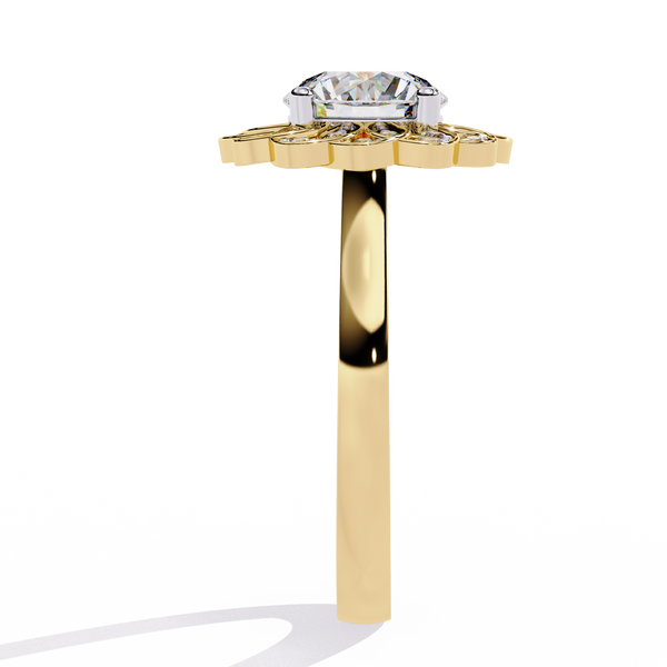 Yellow Gold Round Diamond Petal Halo Flower Cluster Ring