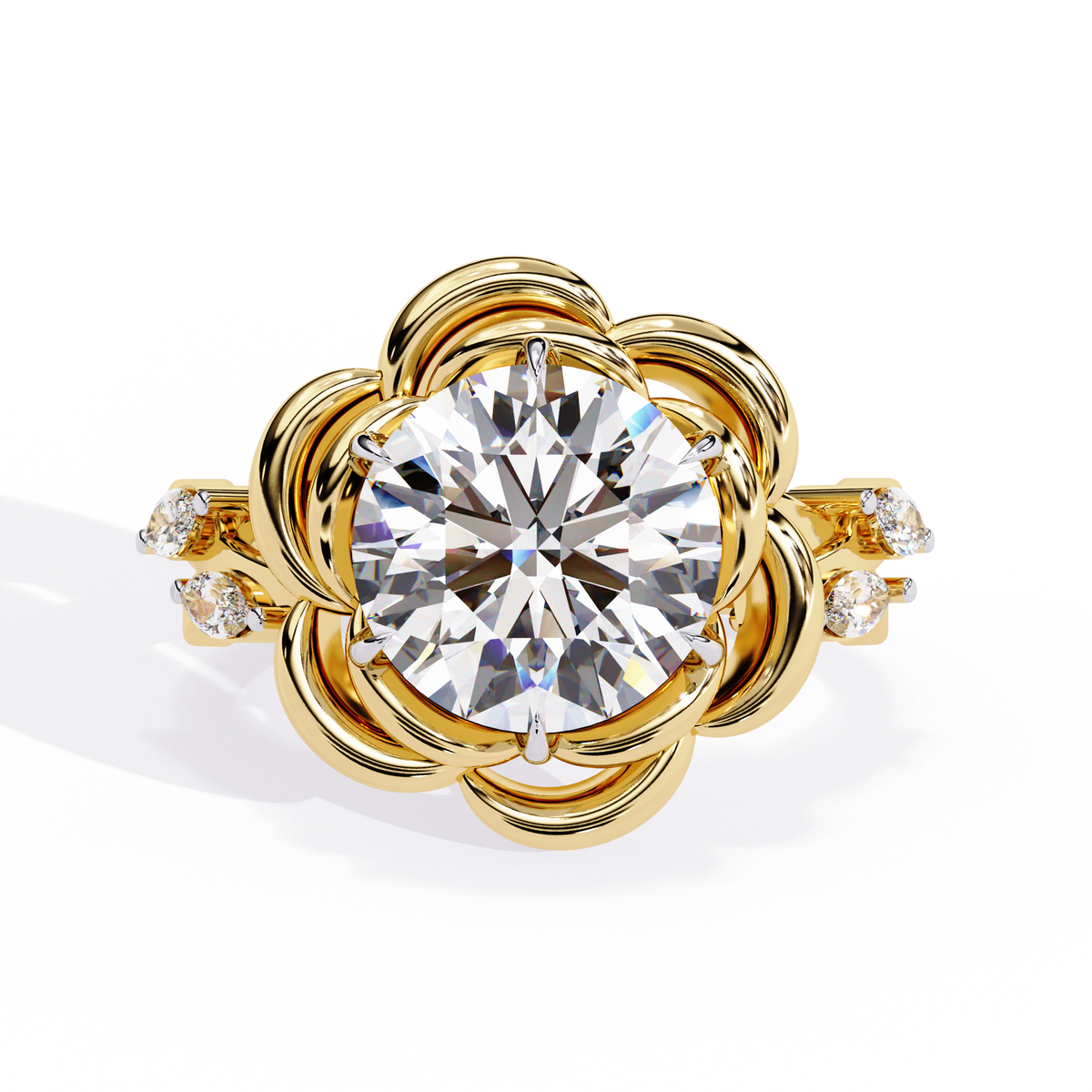 Yellow Gold Round Diamond Sculpted Bloom Solitaire Ring