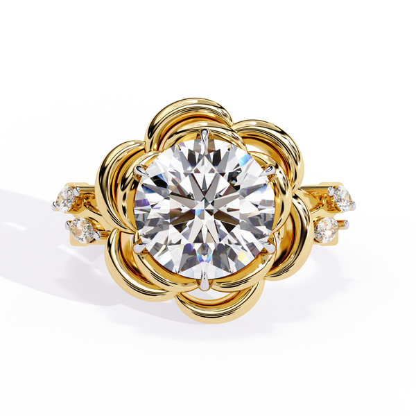 Yellow Gold Round Diamond Sculpted Bloom Solitaire Ring