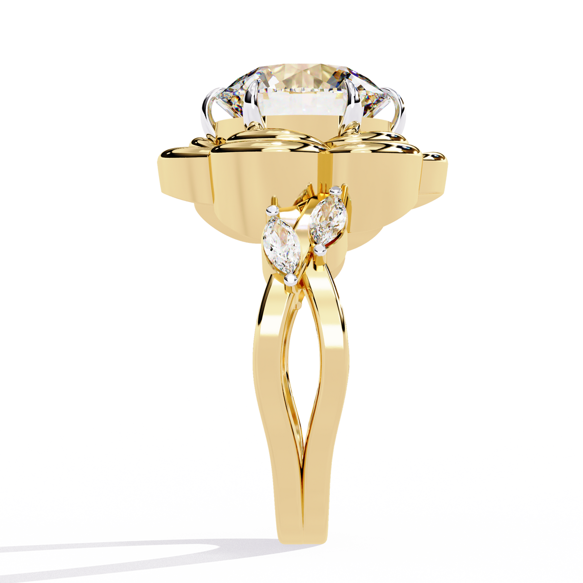 Yellow Gold Round Diamond Sculpted Bloom Solitaire Ring