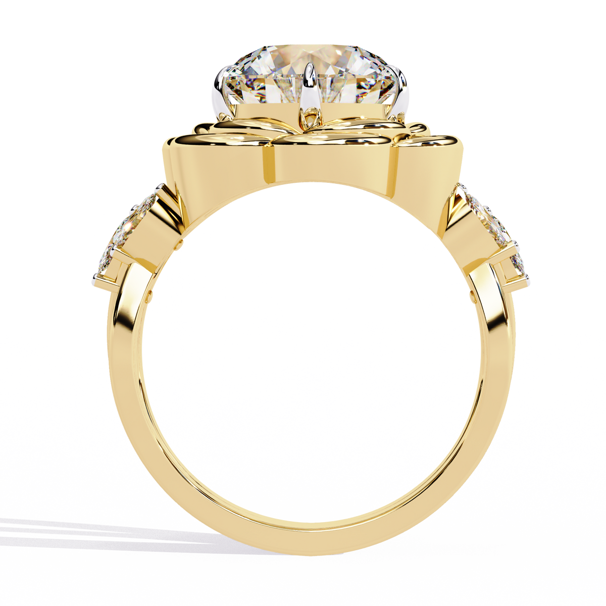 Yellow Gold Round Diamond Sculpted Bloom Solitaire Ring