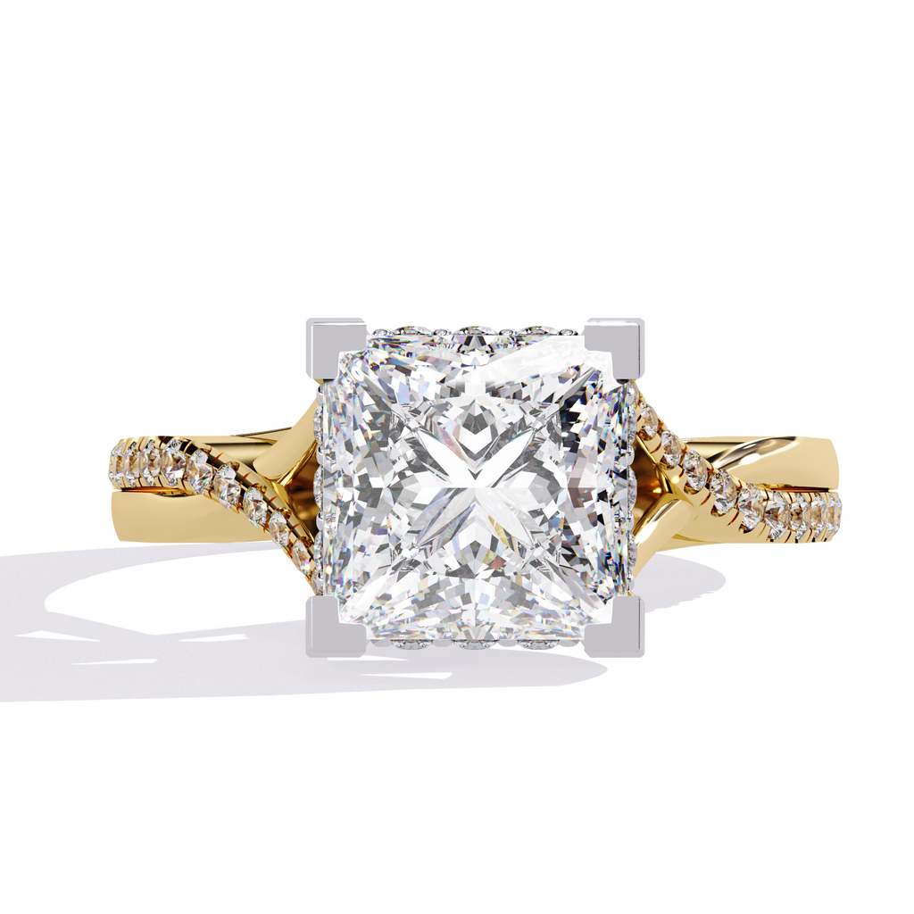 Yellow Gold Princess Cut Diamond Twisted Pavé Shank Ring