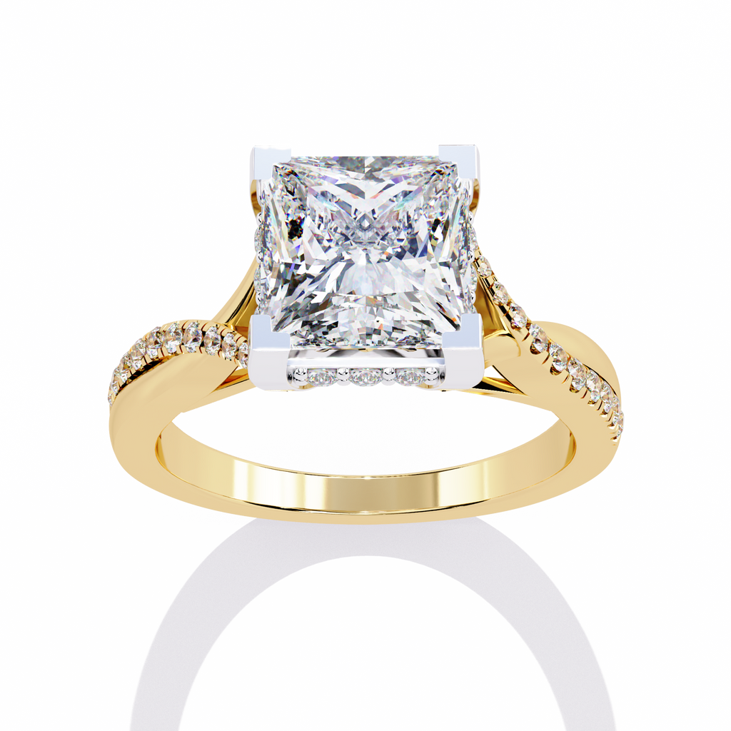 Yellow Gold Princess Cut Diamond Twisted Pavé Shank Ring