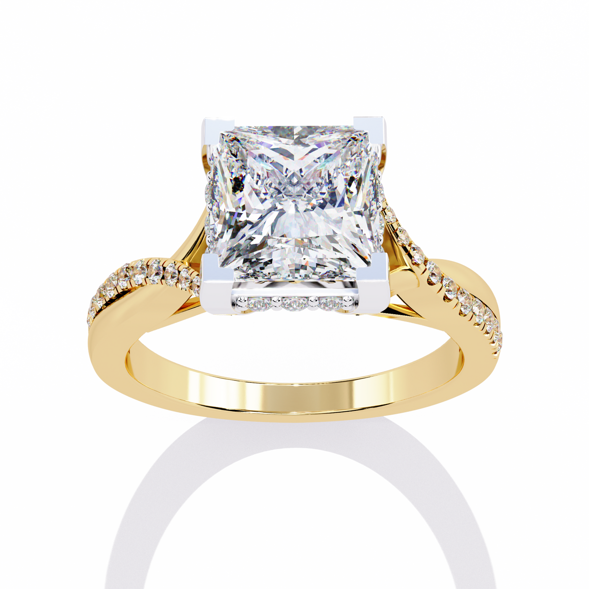 Yellow Gold Princess Cut Diamond Twisted Pavé Shank Ring