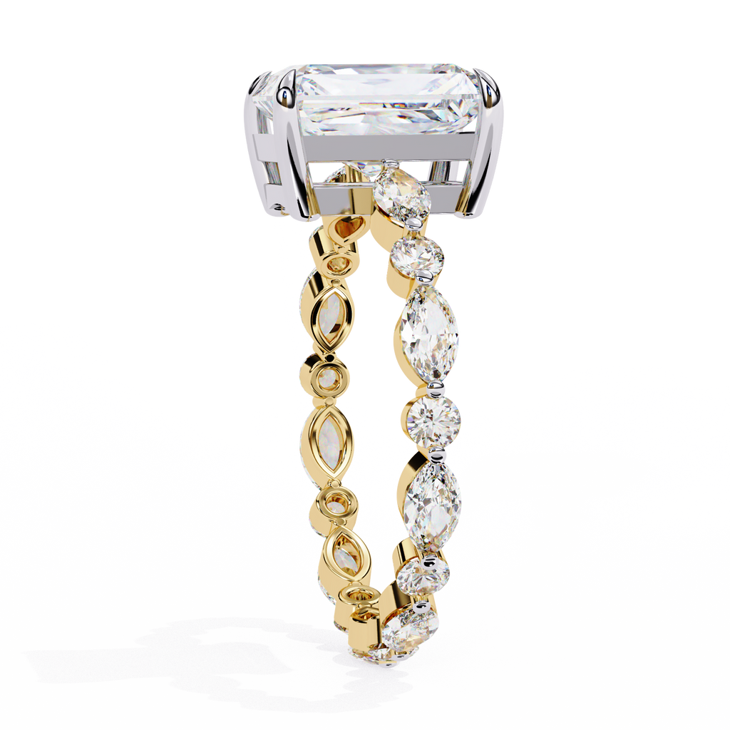 Yellow Gold Emerald Cut Diamond Marquise Eternity Shank Ring