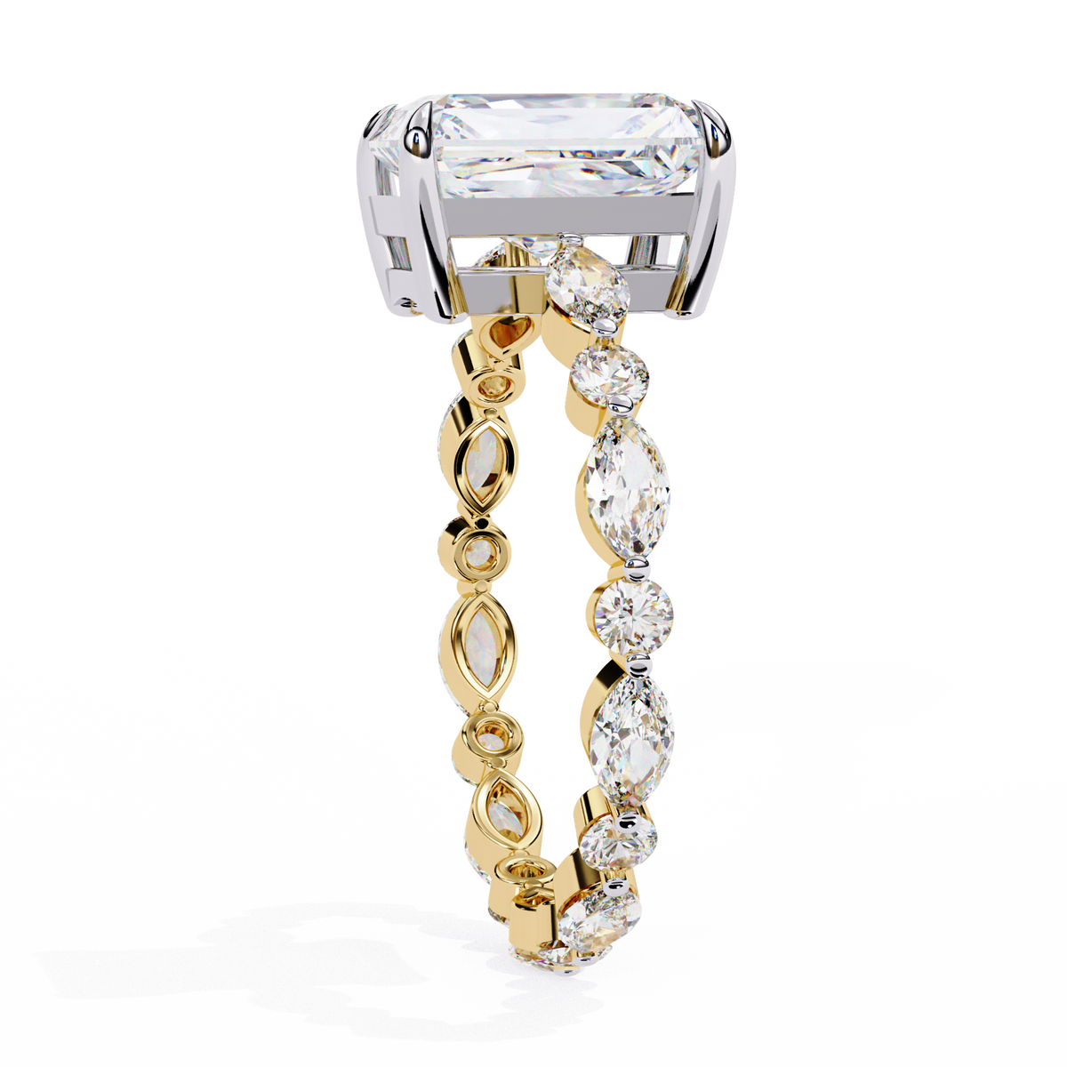 Yellow Gold Emerald Cut Diamond Marquise Eternity Shank Ring