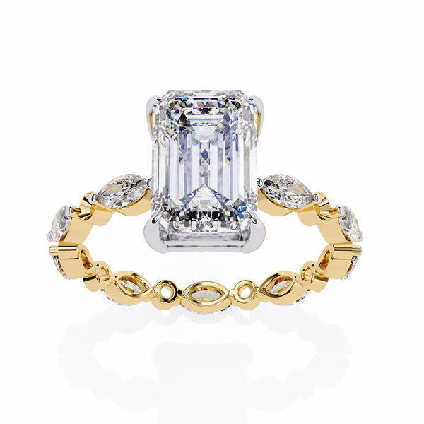 Yellow Gold Emerald Cut Diamond Marquise Eternity Shank Ring