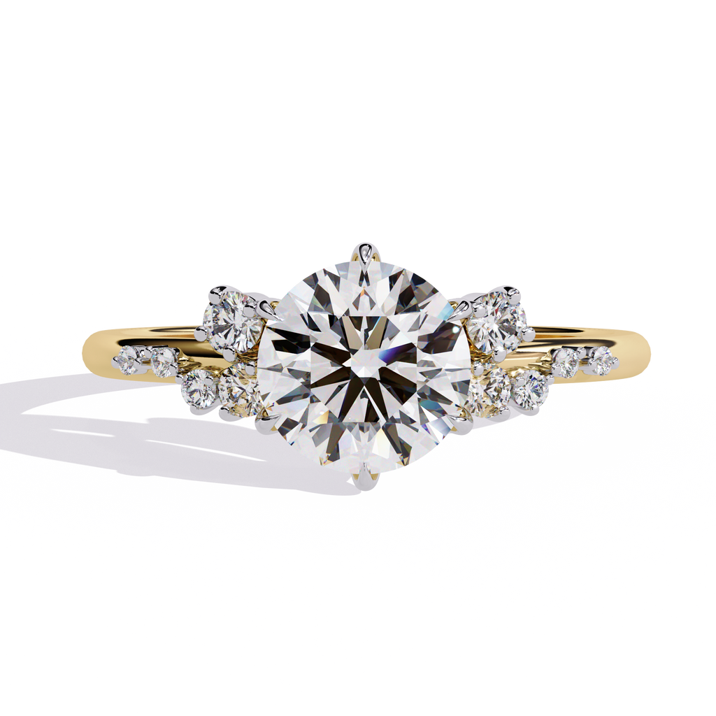 Yellow Gold Round Diamond Scattered Cluster Shoulder Solitaire Ring