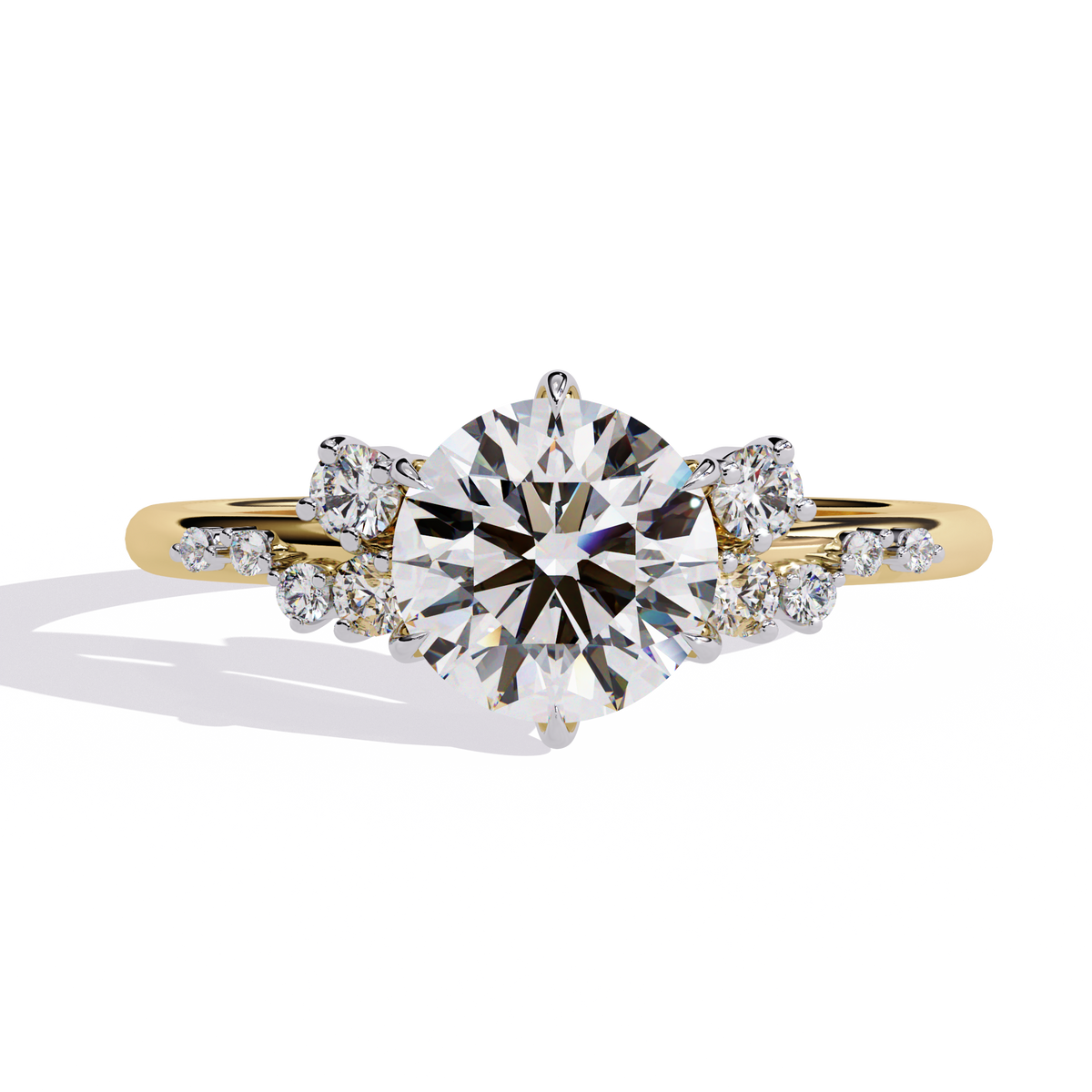 Yellow Gold Round Diamond Scattered Cluster Shoulder Solitaire Ring