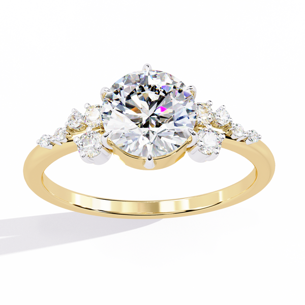 Yellow Gold Round Diamond Scattered Cluster Shoulder Solitaire Ring