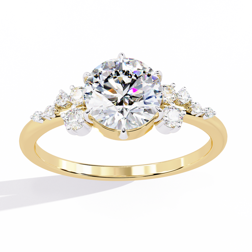 Yellow Gold Round Diamond Scattered Cluster Shoulder Solitaire Ring