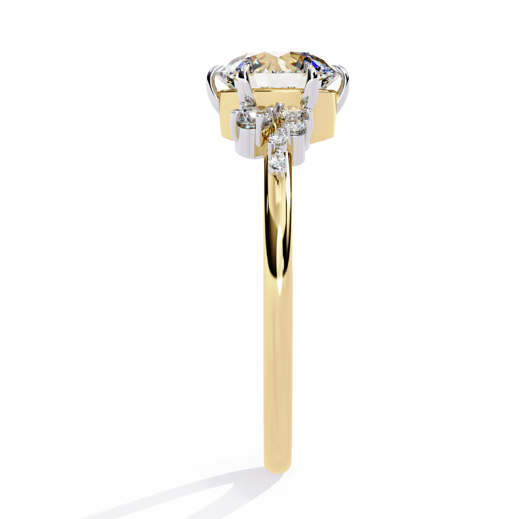 Yellow Gold Round Diamond Scattered Cluster Shoulder Solitaire Ring