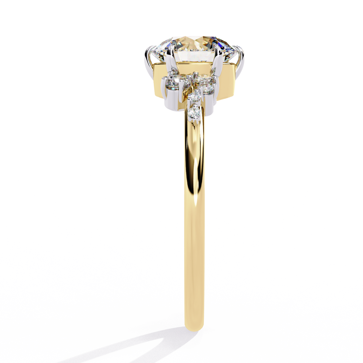 Yellow Gold Round Diamond Scattered Cluster Shoulder Solitaire Ring