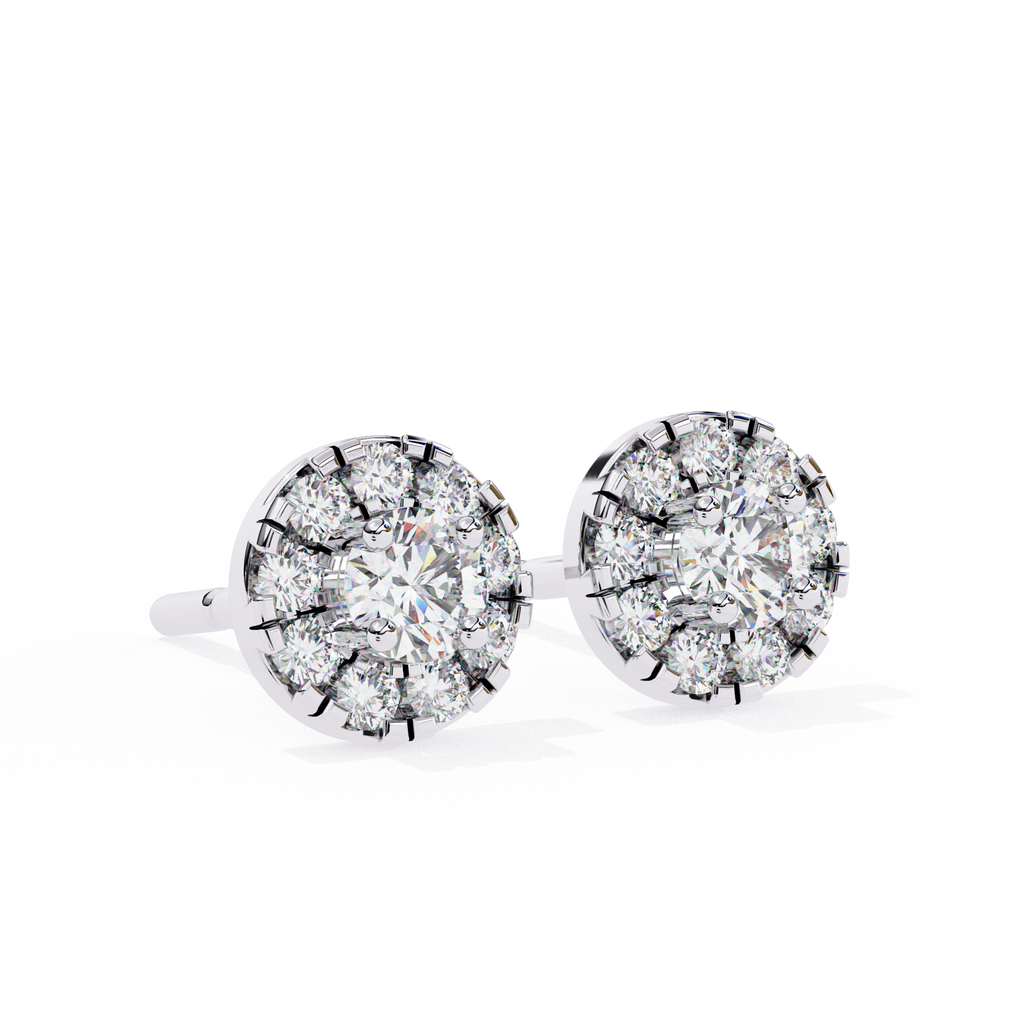 White Gold Round Halo Cluster Diamond Stud Earrings
