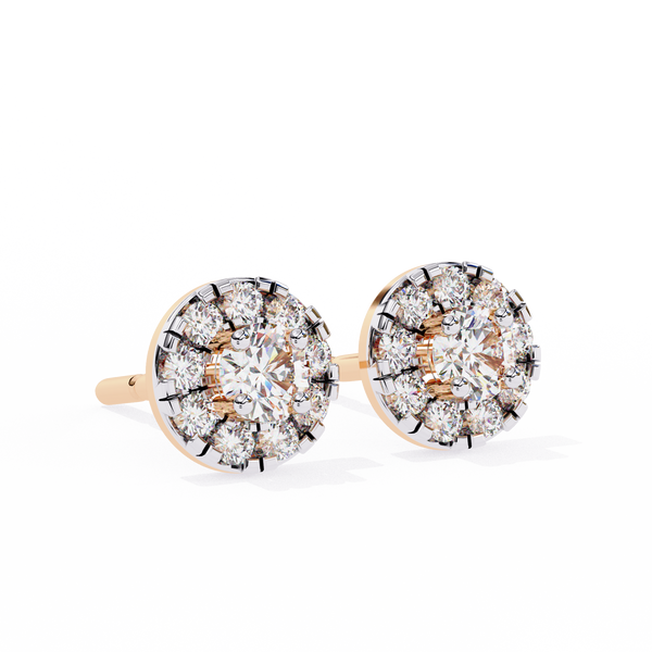 Rose Gold Round Halo Cluster Diamond Stud Earrings