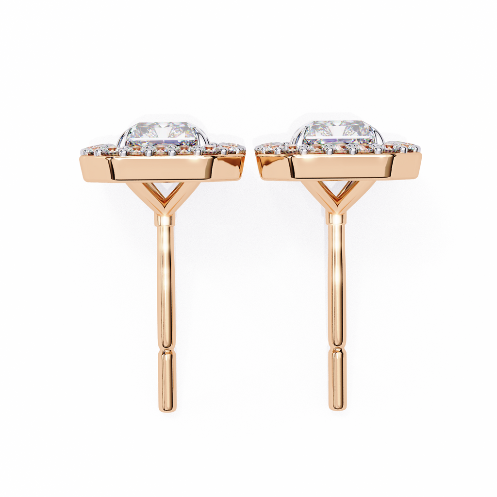 Rose Gold Radiant Cut Diamond Halo Stud Earrings