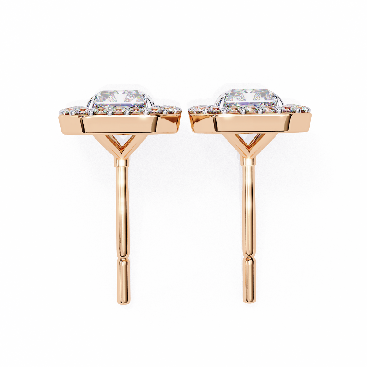 Rose Gold Radiant Cut Diamond Halo Stud Earrings