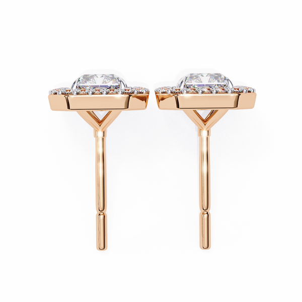 Rose Gold Radiant Cut Diamond Halo Stud Earrings