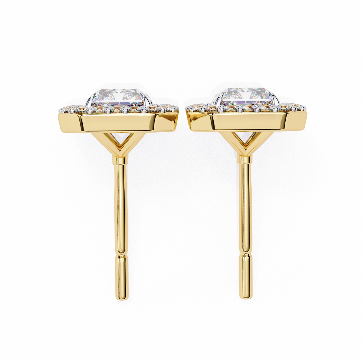 Yellow Gold Radiant Cut Diamond Halo Stud Earring
