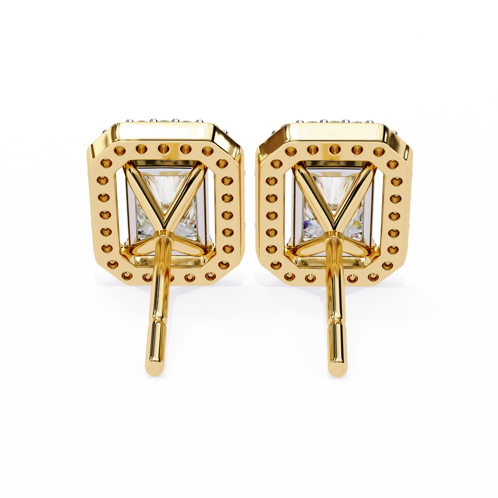 Yellow Gold Radiant Cut Diamond Halo Stud Earring