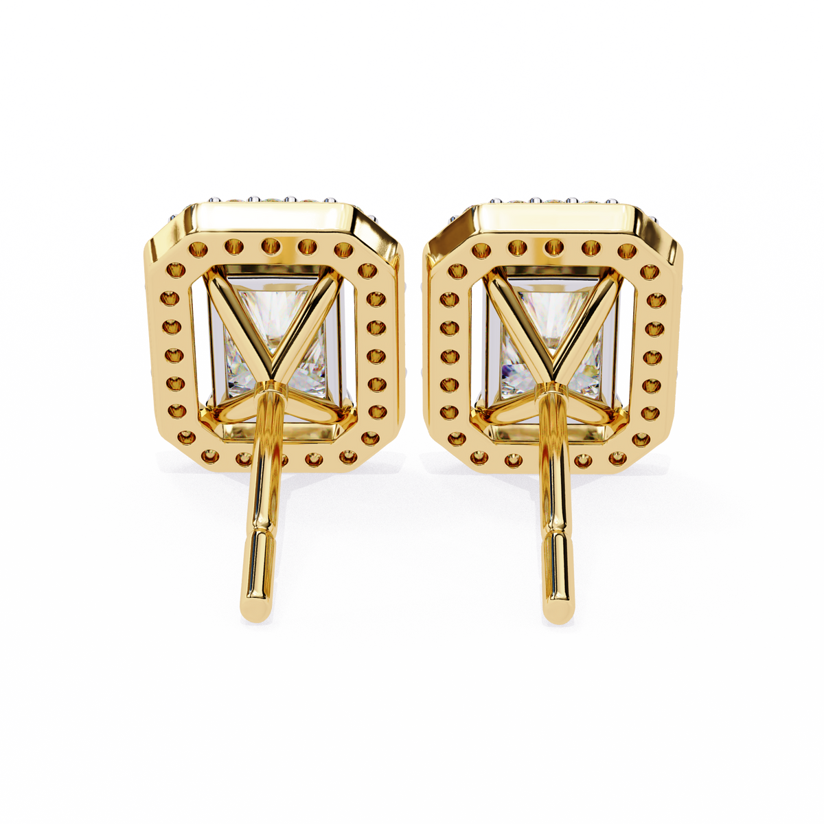 Yellow Gold Radiant Cut Diamond Halo Stud Earring
