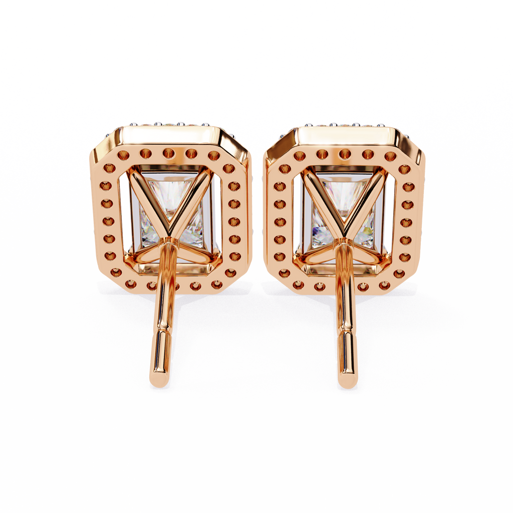 Rose Gold Radiant Cut Diamond Halo Stud Earrings