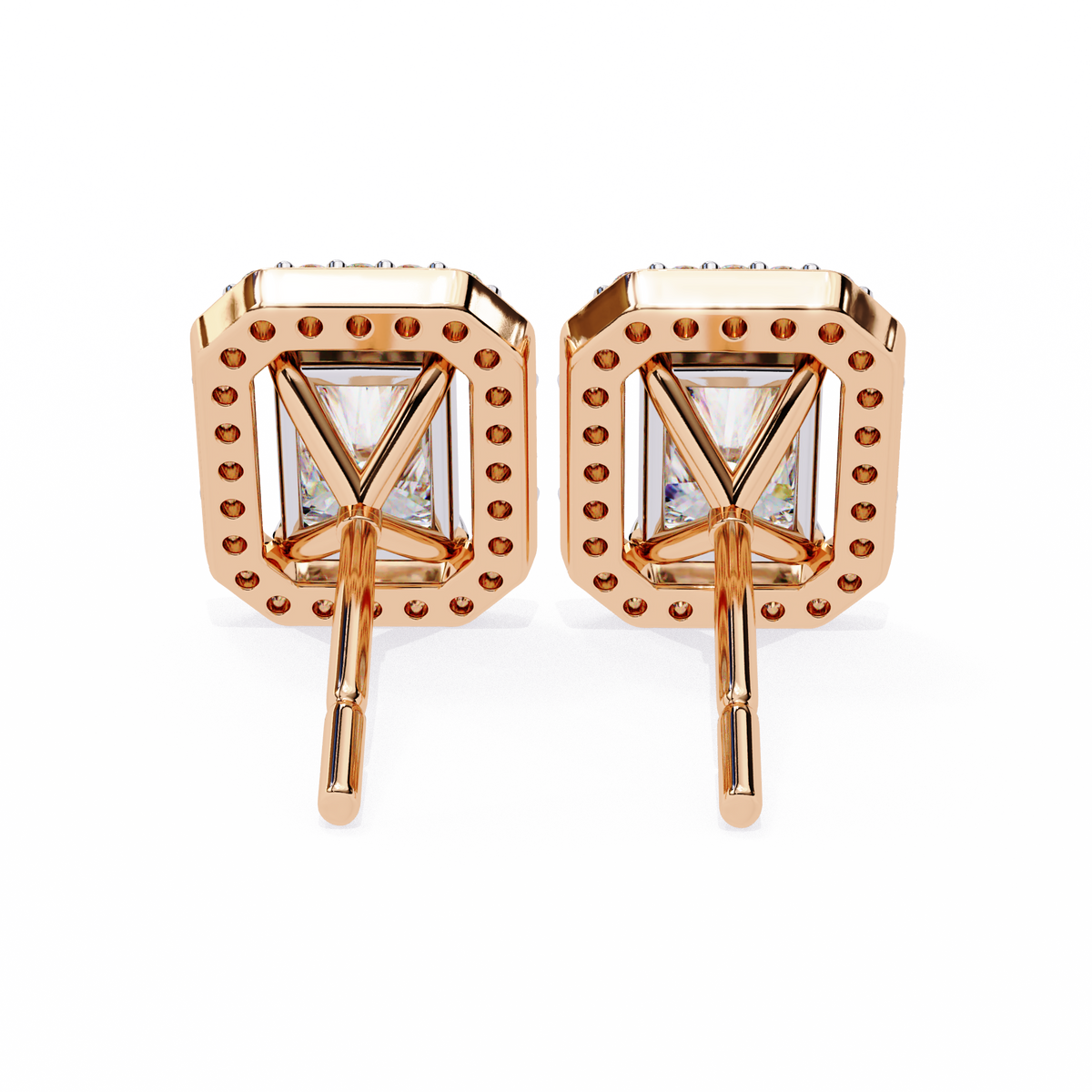 Rose Gold Radiant Cut Diamond Halo Stud Earrings