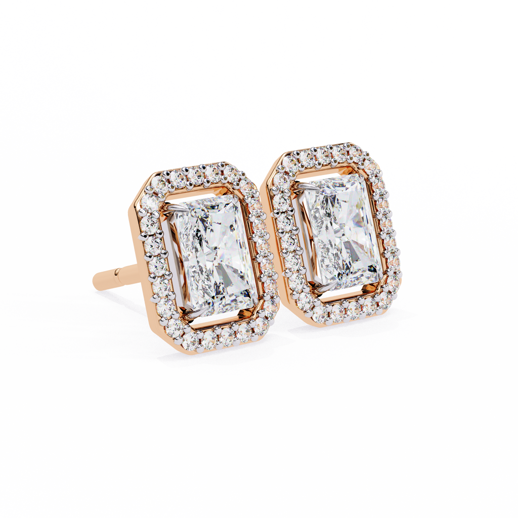 Rose Gold Radiant Cut Diamond Halo Stud Earrings