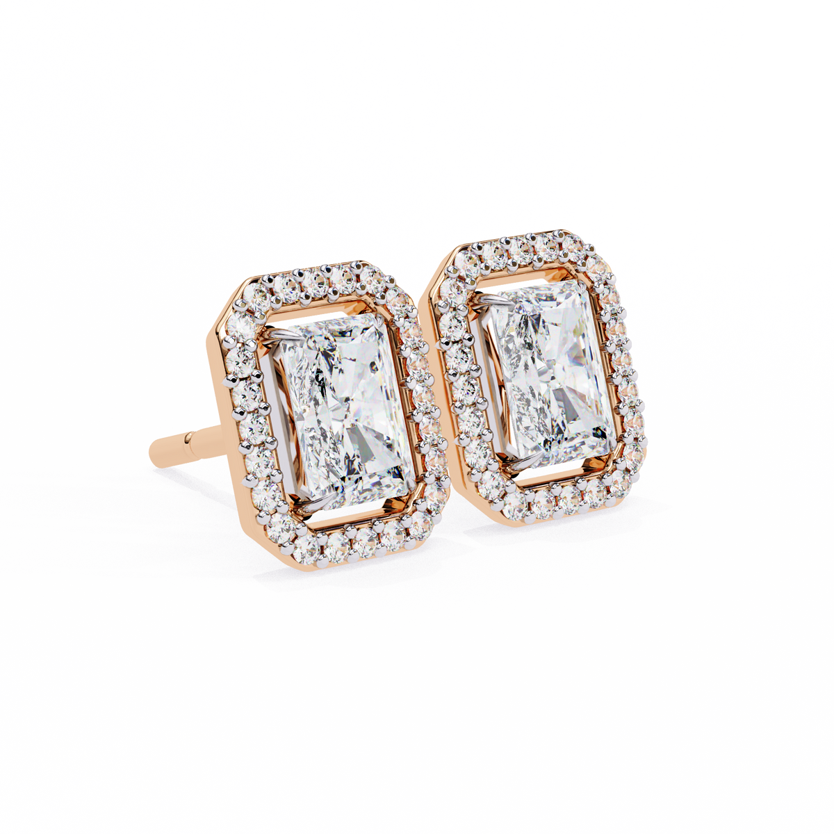 Rose Gold Radiant Cut Diamond Halo Stud Earrings