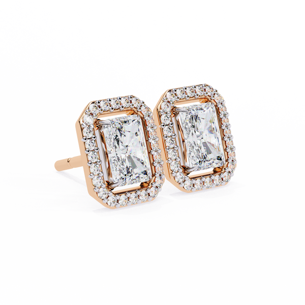 Rose Gold Radiant Cut Diamond Halo Stud Earrings