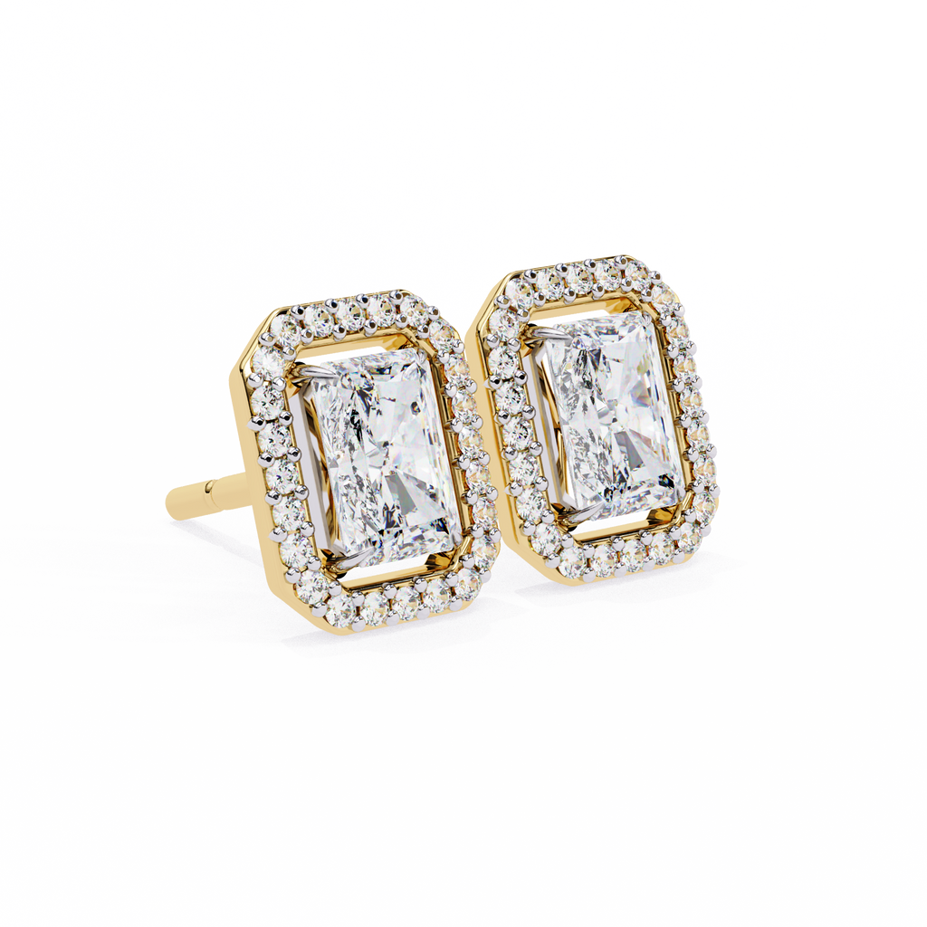 Yellow Gold Radiant Cut Diamond Halo Stud Earring