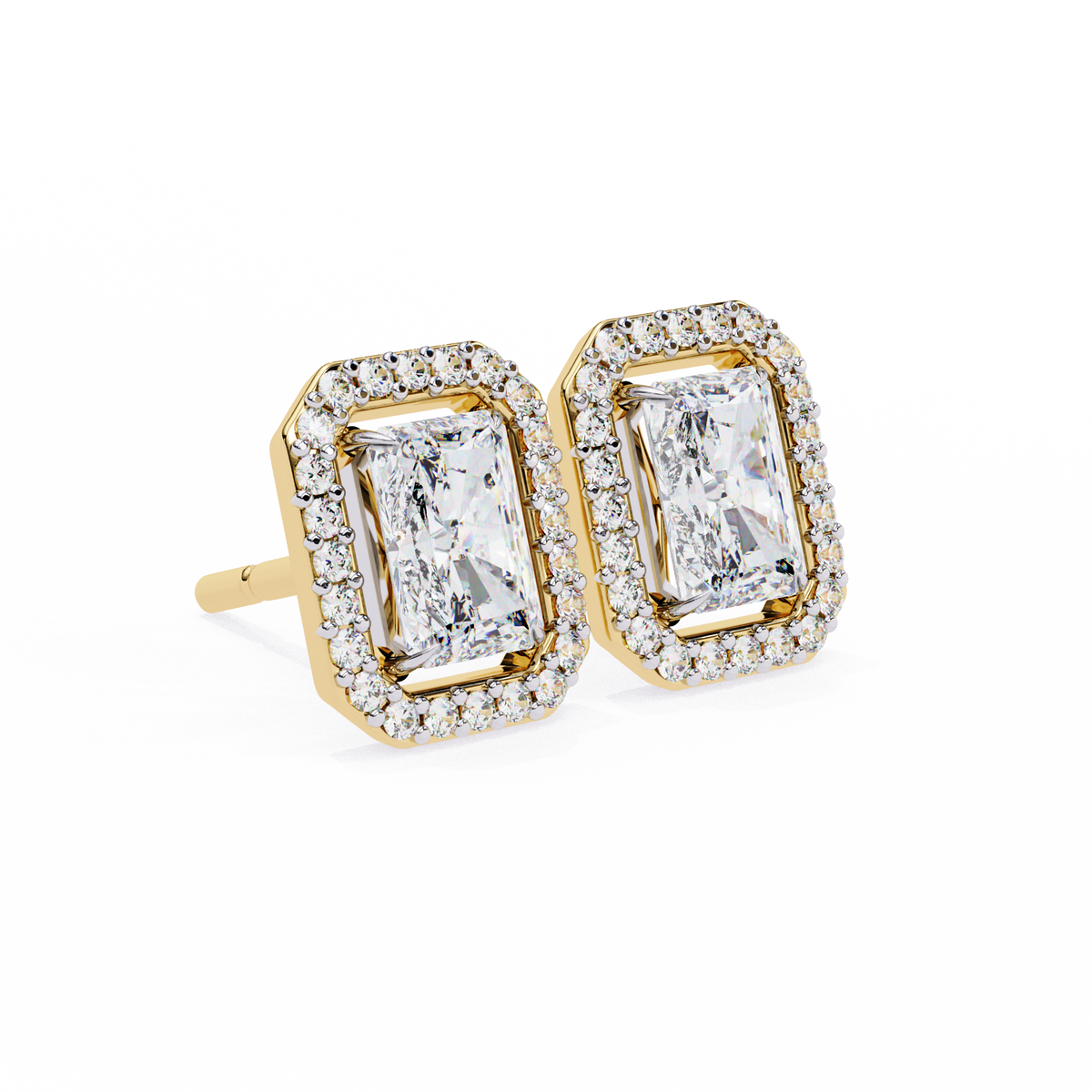 Yellow Gold Radiant Cut Diamond Halo Stud Earring