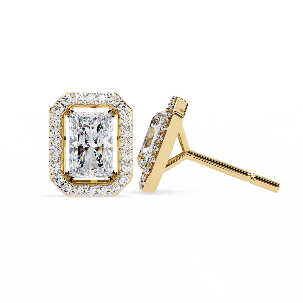 Yellow Gold Radiant Cut Diamond Halo Stud Earring