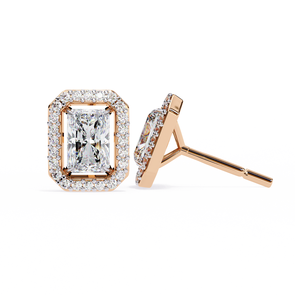 Rose Gold Radiant Cut Diamond Halo Stud Earrings