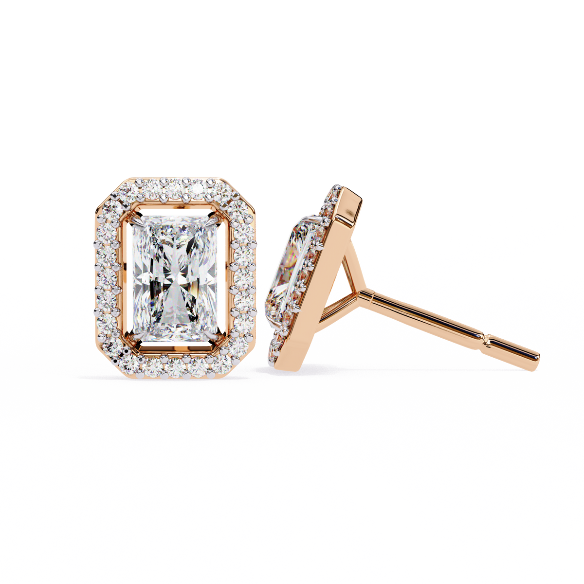 Rose Gold Radiant Cut Diamond Halo Stud Earrings