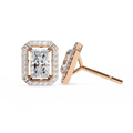 Rose Gold Radiant Cut Diamond Halo Stud Earrings