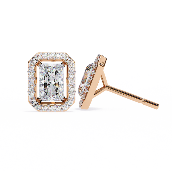 Rose Gold Radiant Cut Diamond Halo Stud Earrings
