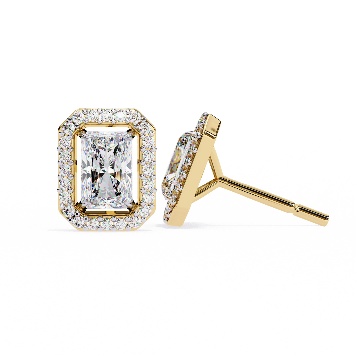 Yellow Gold Radiant Cut Diamond Halo Stud Earring