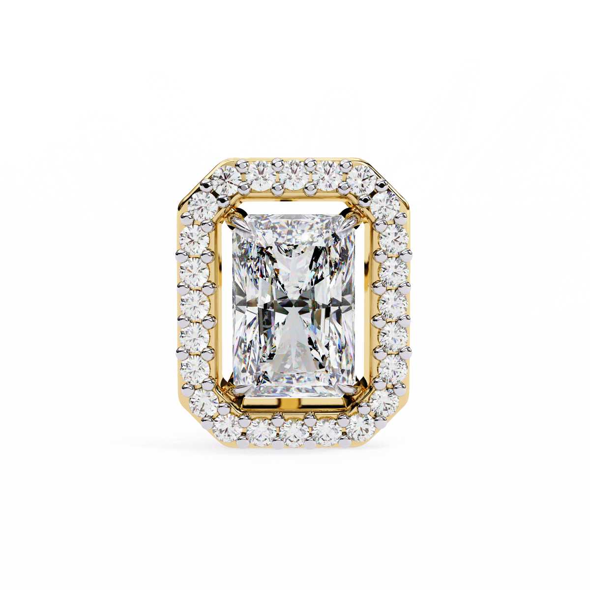 Yellow Gold Radiant Cut Diamond Halo Stud Earring