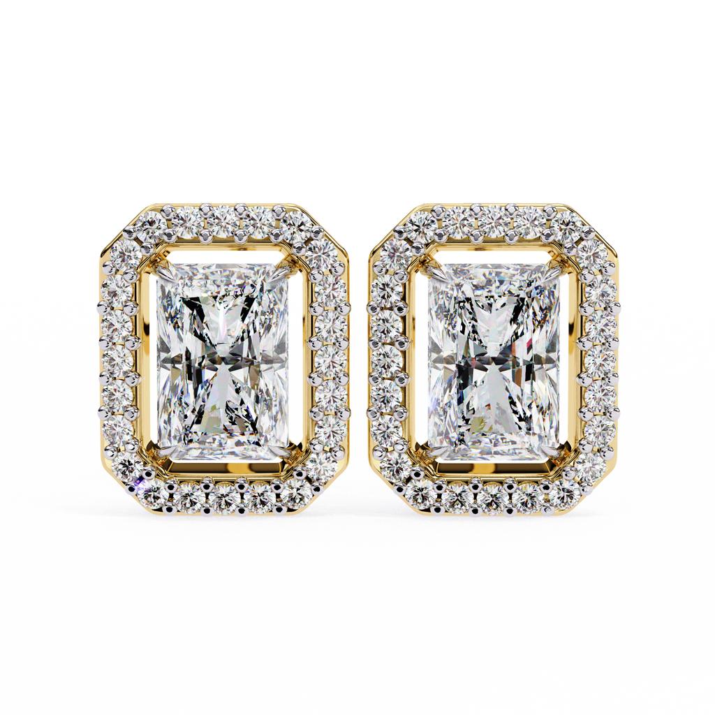 Yellow Gold Radiant Cut Diamond Halo Stud Earring