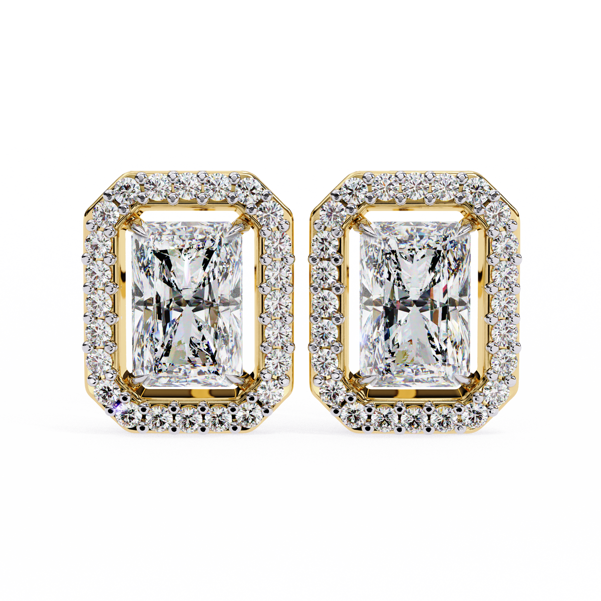 Yellow Gold Radiant Cut Diamond Halo Stud Earring