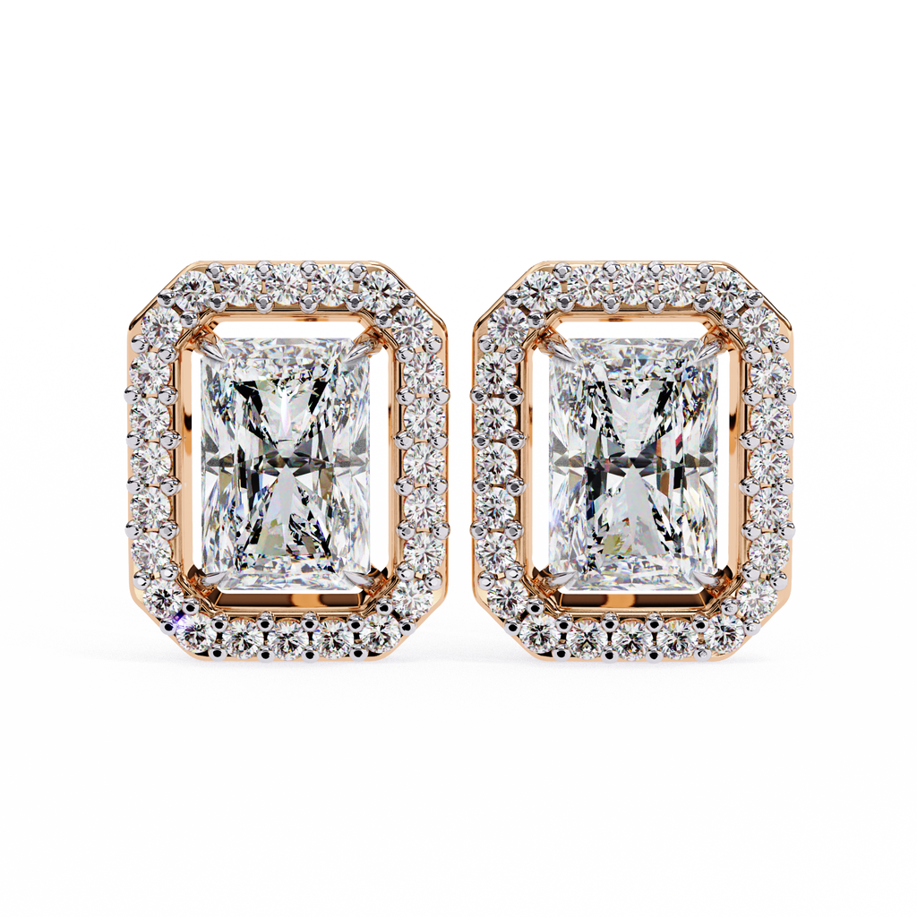 Rose Gold Radiant Cut Diamond Halo Stud Earrings