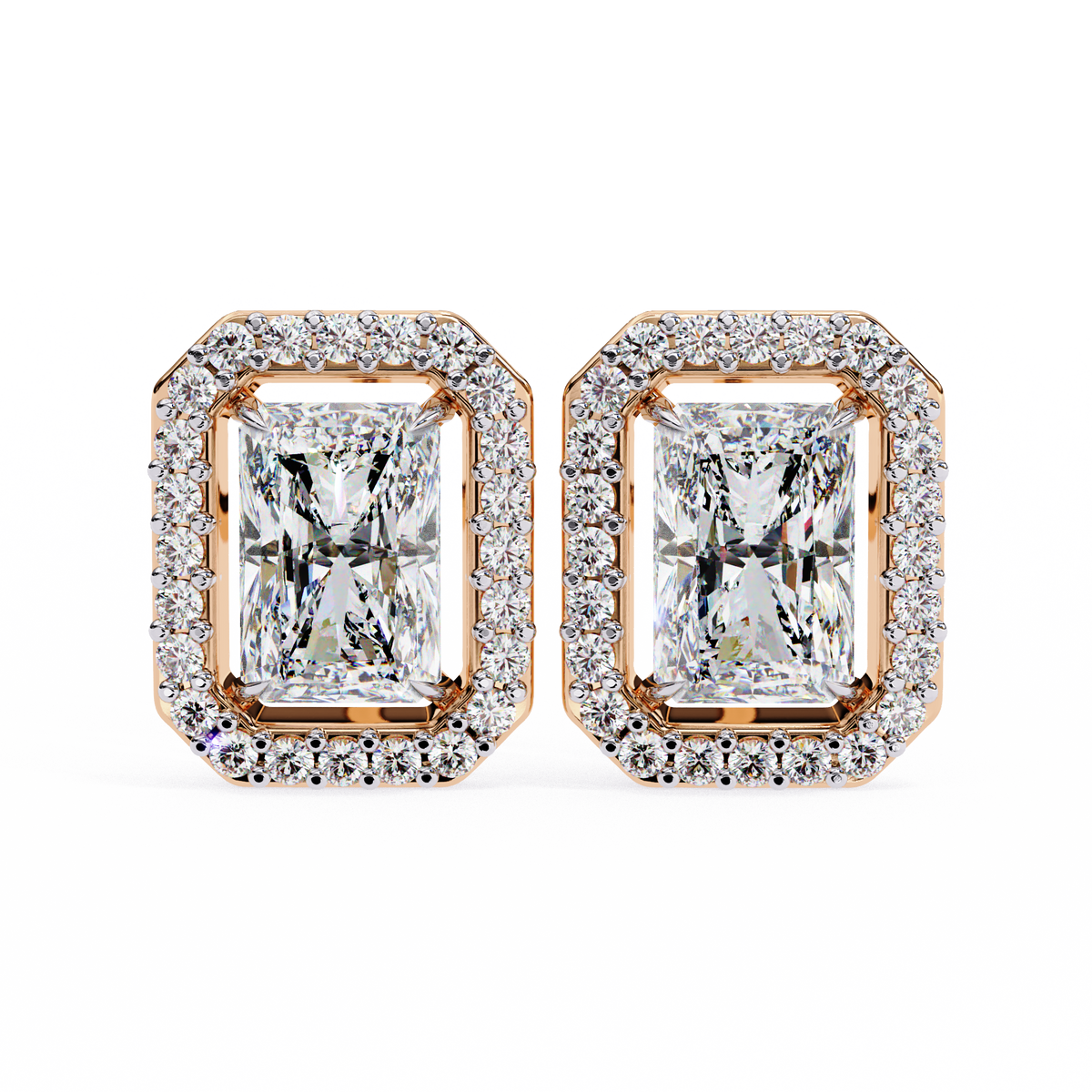 Rose Gold Radiant Cut Diamond Halo Stud Earrings