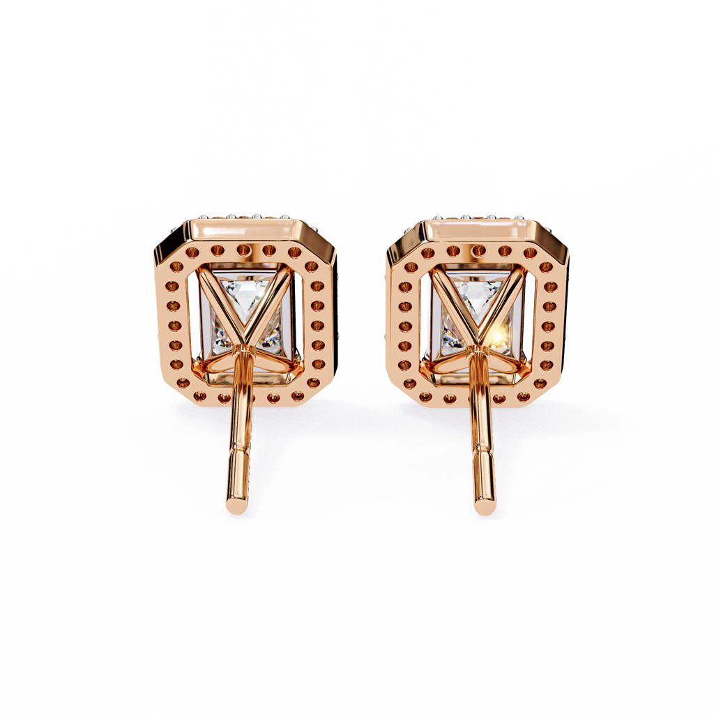 Rose Gold Emerald Cut Diamond Rectangular Halo Stud Earrings
